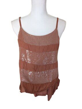 Tank Top Spaghetti Straps Italian Cotton Rust Brown With Sequins Sz S Ruffled